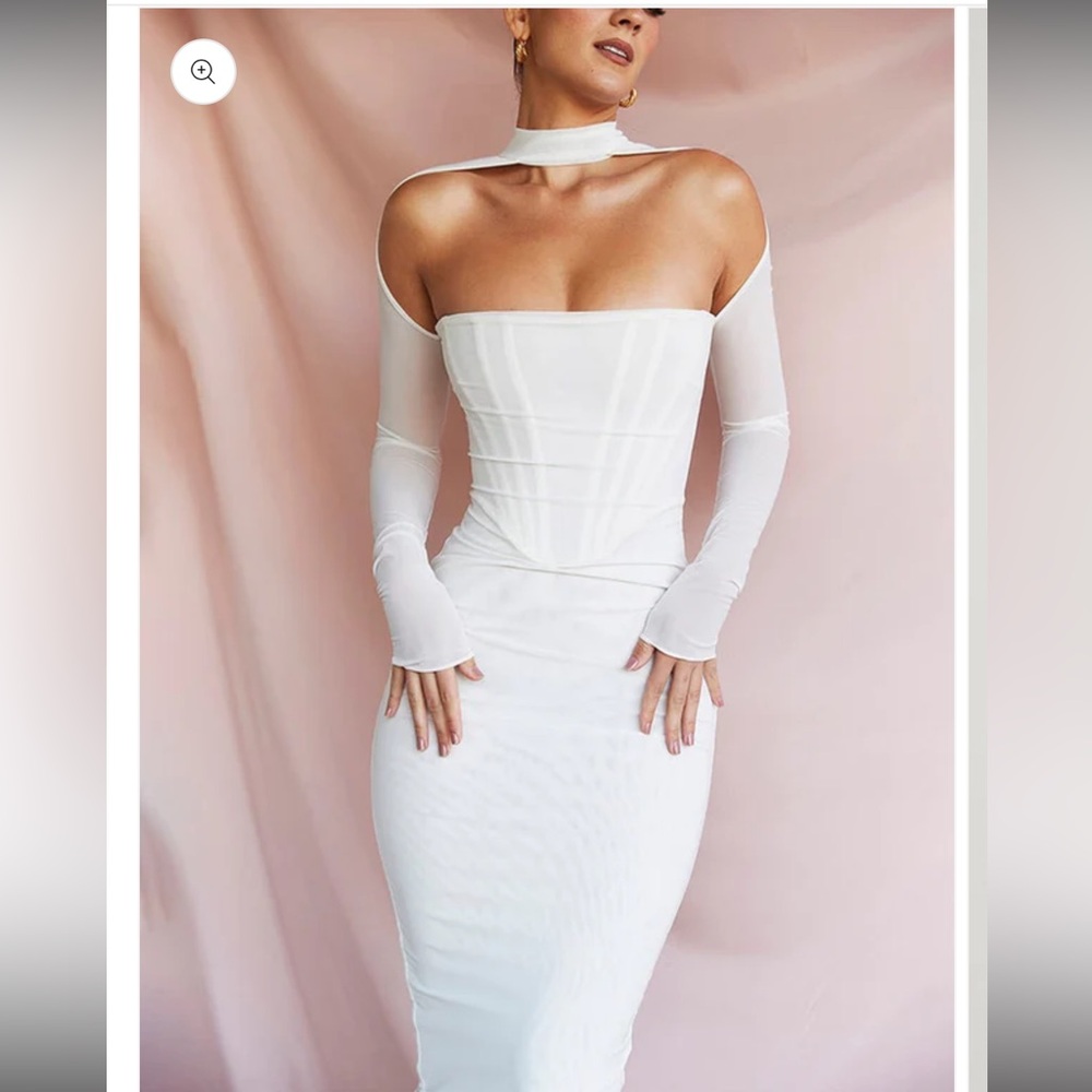 White Long Sleeve Mesh Corset Cocktail Midi Dress